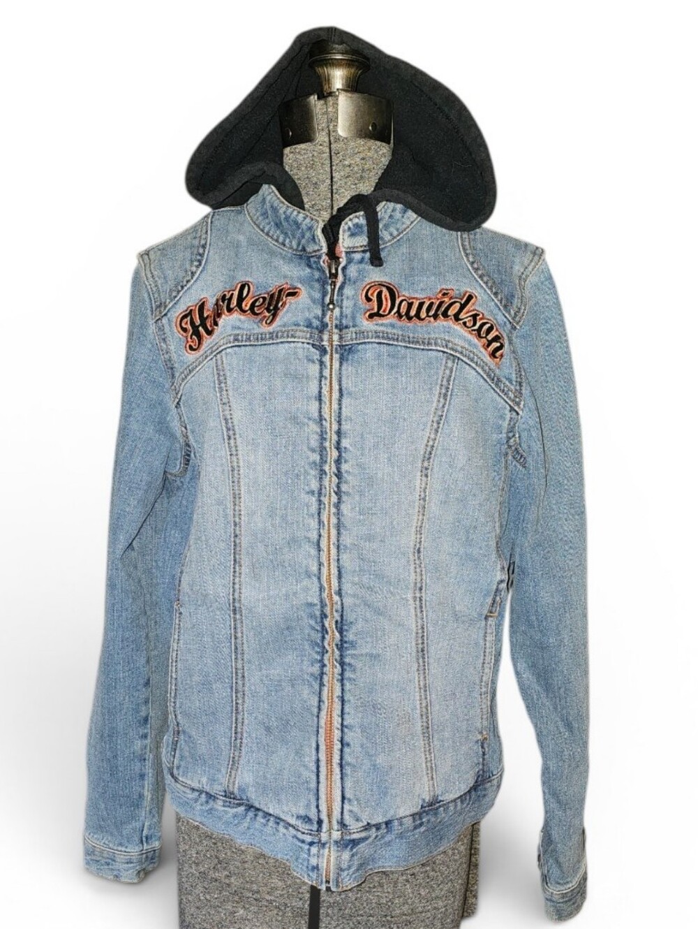 Harley-Davidson Light Wash Denim Jacket with sleeveless hooded insert.